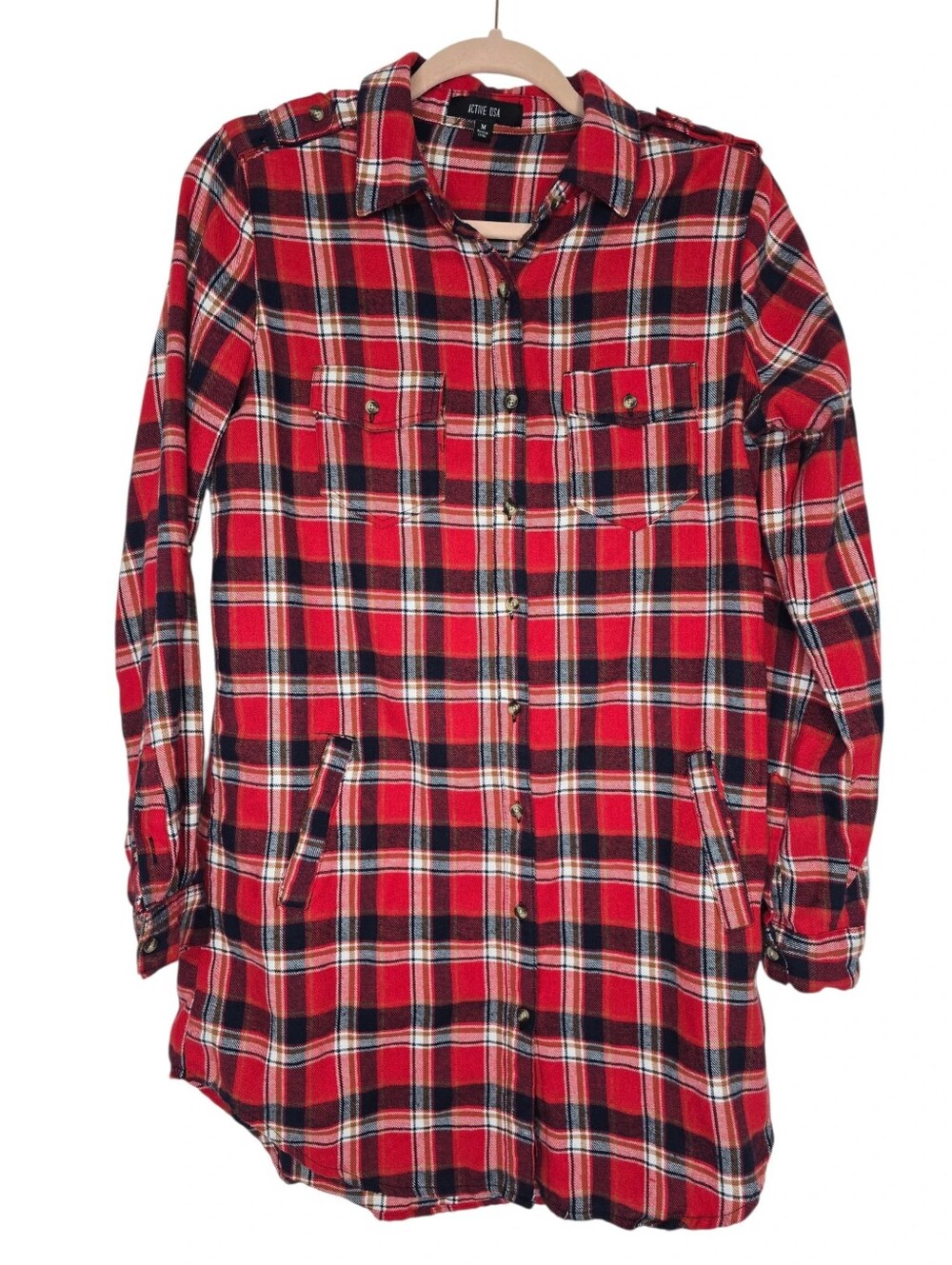 Active USA red and black plaid longline button-up shirt
